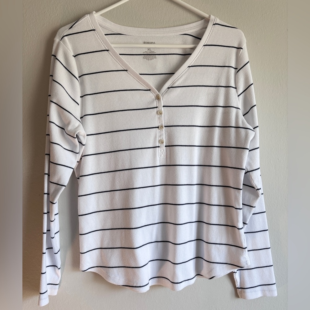 White Striped Henley Top with Navy Stripes